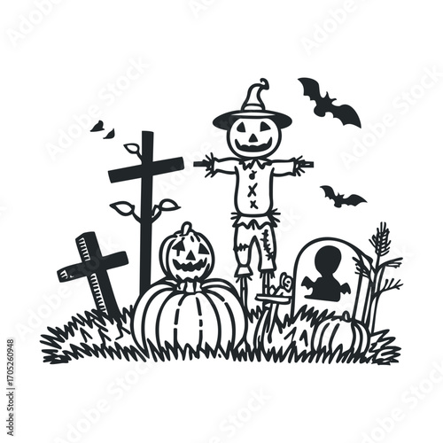 A spooky Halloween scene with a scarecrow, pumpkins, and tombstones.