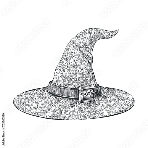 A detailed, hand-drawn witch hat with a belt and buckle.
