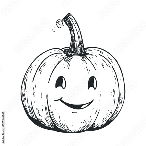 A hand-drawn smiling pumpkin with a curved stem.