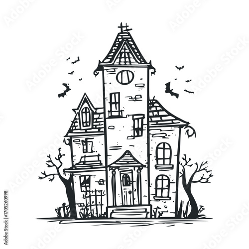 A spooky haunted house with bats flying overhead.