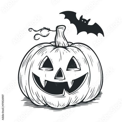 A spooky carved pumpkin with a grinning face.