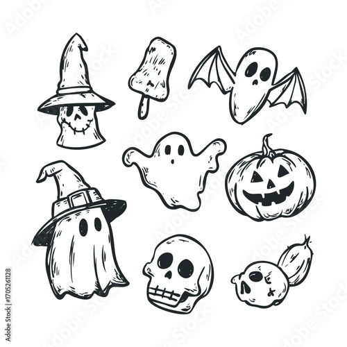 A set of spooky Halloween symbols and creatures.