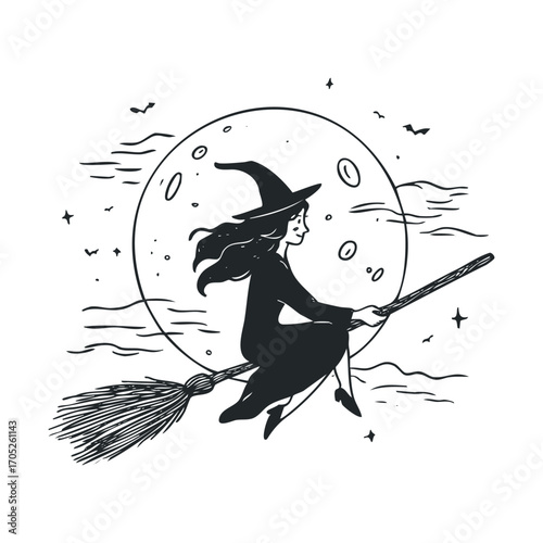 A simple drawing of a witch flying on a broomstick.