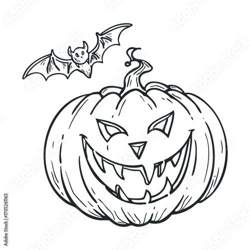 A spooky, carved pumpkin with a bat flying above.
