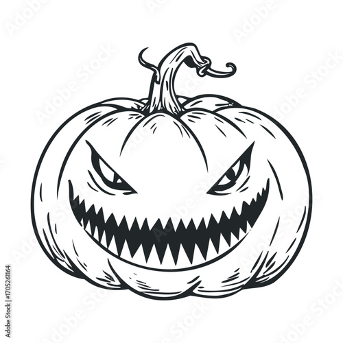 A menacing, hand-drawn pumpkin with a wide, jagged smile.