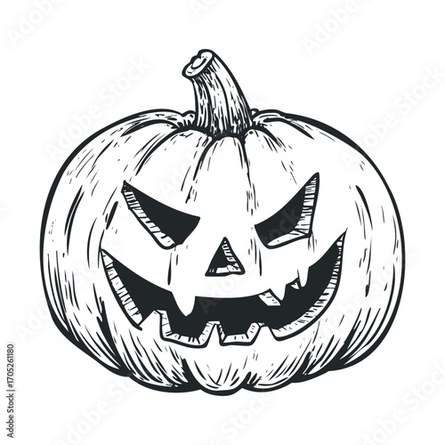 A sinister, hand-drawn pumpkin with a wide grin.