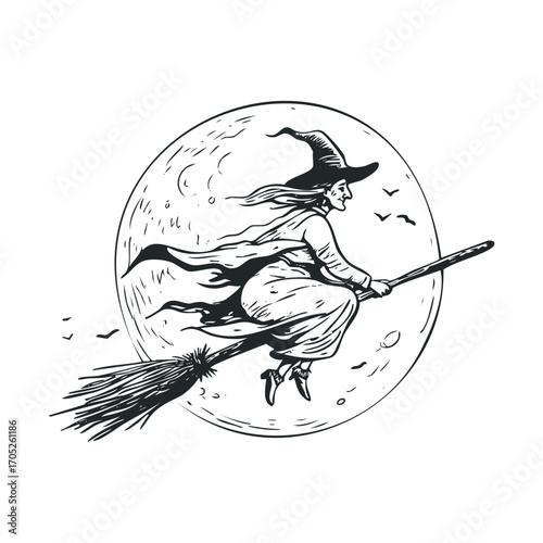 A witch on a broomstick flying in front of the moon.