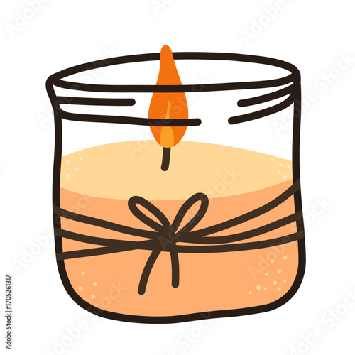 Candle in a jar, cozy element for home decor. Home aromatherapy, hygge home decoration, vector illustration