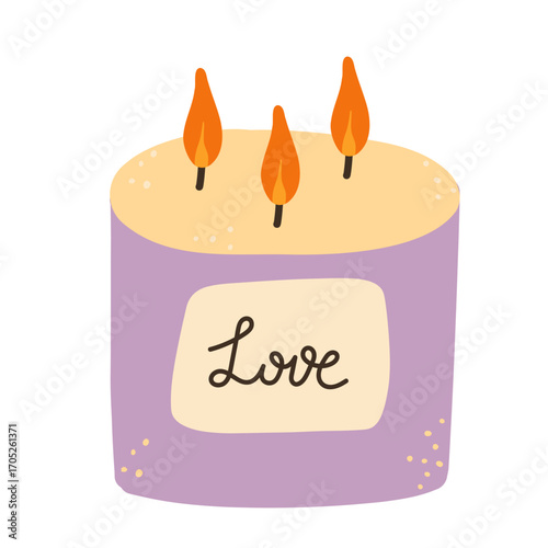 Purple Candle, cozy element for home decor. Home aromatherapy, hygge home decoration, vector illustration