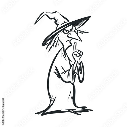 A spooky, gaunt witch with a long nose shushing.