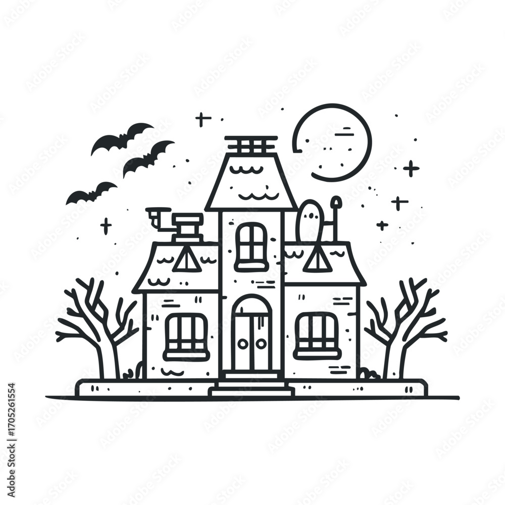Fototapeta premium A haunted house with bats flying under a full moon.