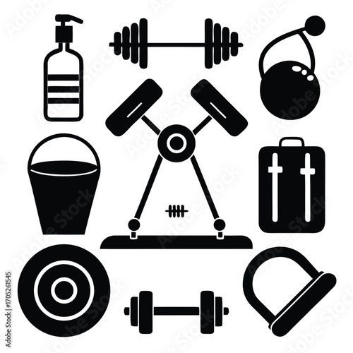 Assortment of black fitness and gym icons including dumbbells kettlebell and a bucket on a white background