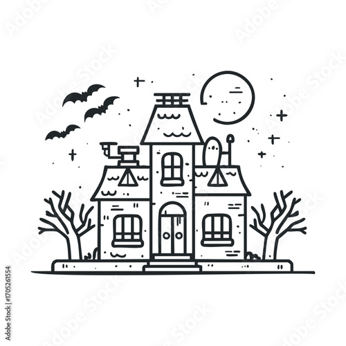A haunted house with bats flying under a full moon.