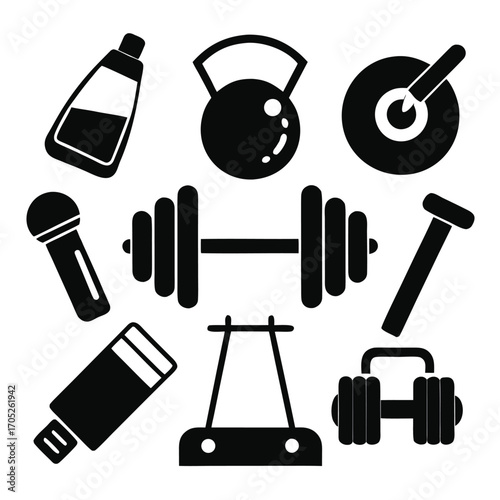 Assortment of black silhouette icons for gym and fitness, including a dumbbell, microphone, and nail on a white background
