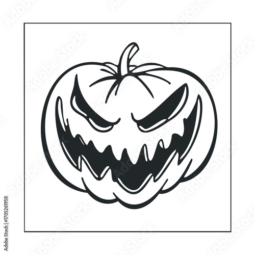 A menacing carved pumpkin with a scary face.