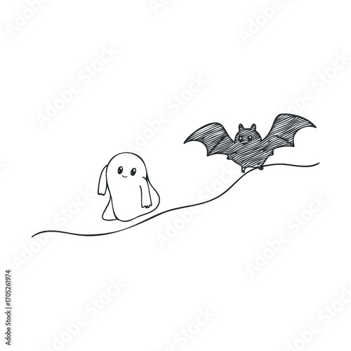 A cute, smiling ghost and a bat on a curved line.