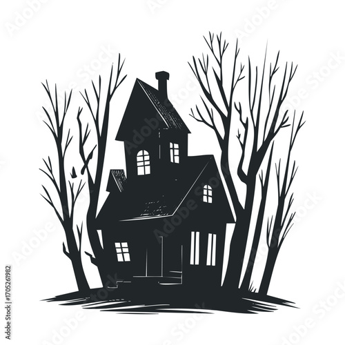 A dark, spooky house silhouette surrounded by bare trees.