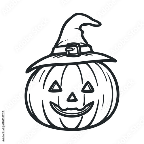 A hand-drawn smiling pumpkin wearing a witch hat