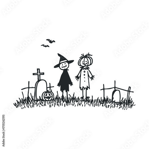 A doodle of two figures in a spooky graveyard.