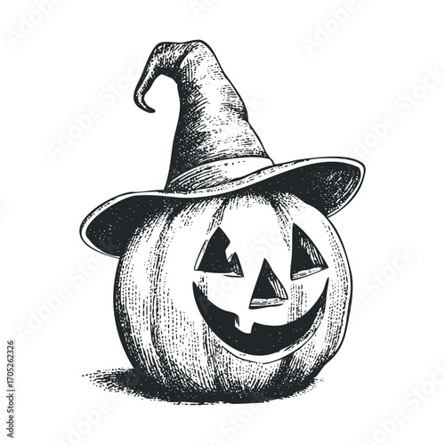 A spooky carved pumpkin with a witch hat.