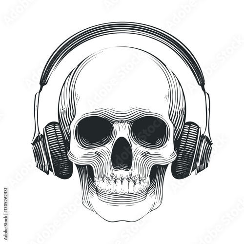  A skull wearing headphones, drawn in black and white.