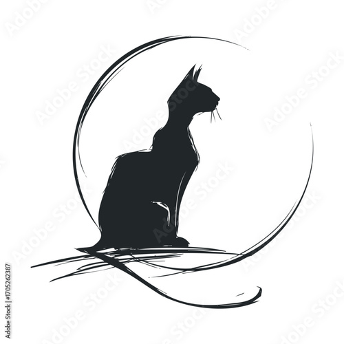 A stylized black cat sitting in a crescent moon shape.