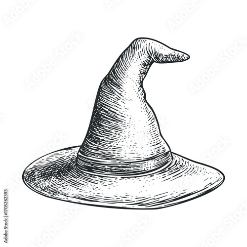 A black and white drawing of a witch's hat.