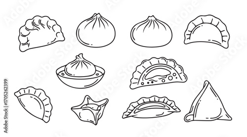 Collection of hand drawn dumpling and bao illustrations silhouette