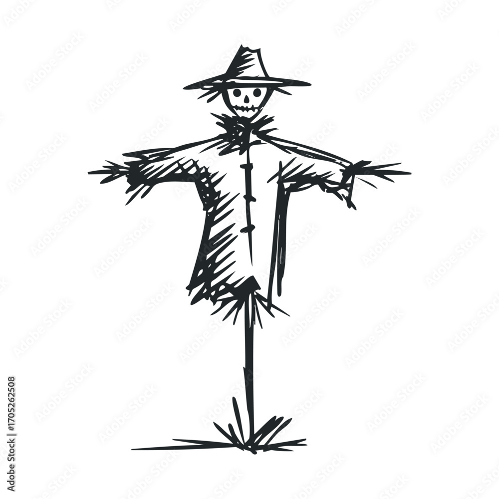 Obraz premium A sketchy, hand-drawn black and white scarecrow.