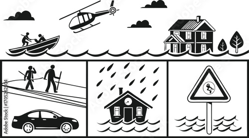 Flood Disaster Relief Icons Set – Emergency Rescue, Evacuation, Safety, Shelter Symbols