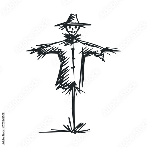 A sketchy, hand-drawn black and white scarecrow.
