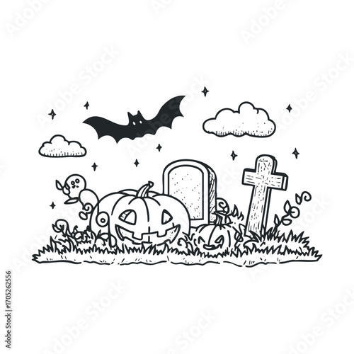 A graveyard scene with pumpkins, tombstones, and a flying bat.