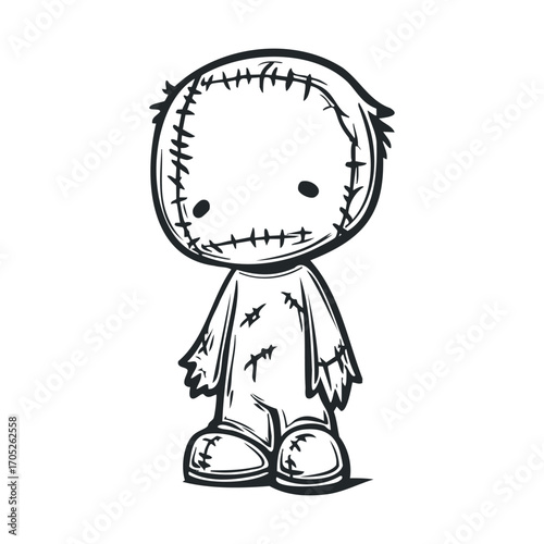 A black and white drawing of a stitched voodoo doll.