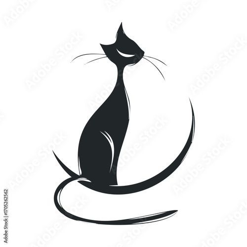 A black cat with a long tail, in a stylized silhouette.