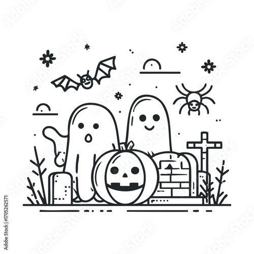 An outline drawing of ghosts and a pumpkin in a graveyard.