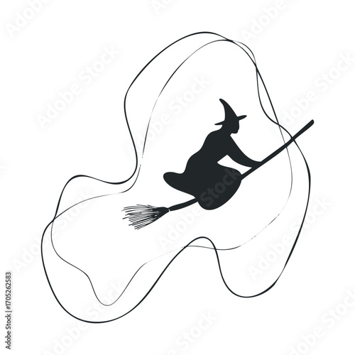 A witch on a broomstick, flying in a black silhouette.