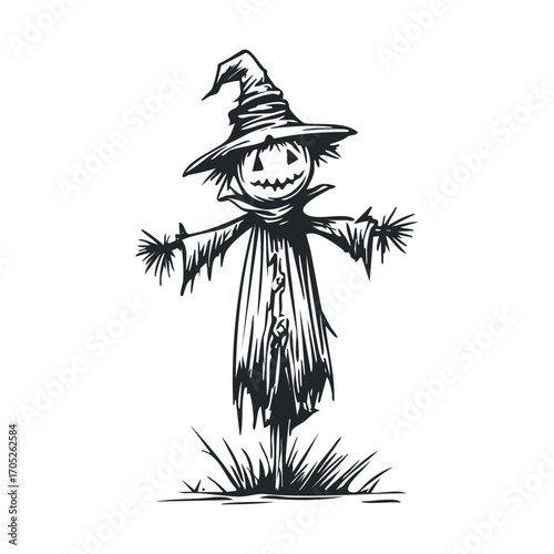  A black and white drawing of a spooky scarecrow with a witch hat.