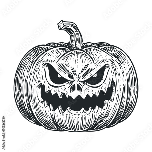 An evil, carved pumpkin with a menacing scowl.
