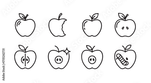 Collection of hand drawn apple illustrations showing different stages and conditions silhouette