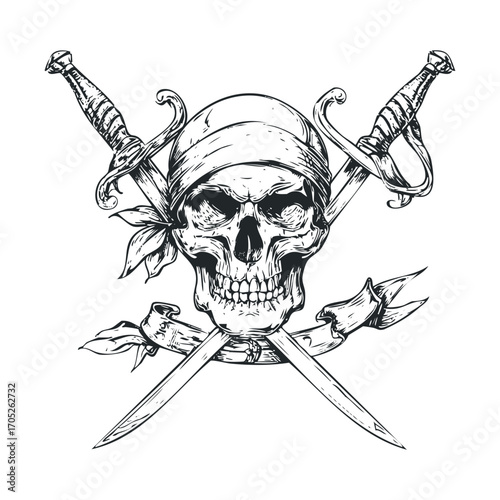 A detailed, creepy skull with a bandana and crossed swords.