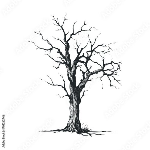 A gnarled, spooky, bare tree with many branches.