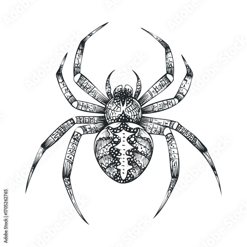 A detailed, creepy spider with patterned legs and body.