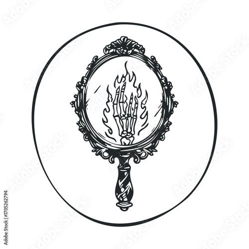 A spooky hand mirror with a fiery skeleton hand.