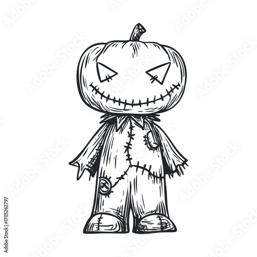 A creepy pumpkin character with a stitched face and body.