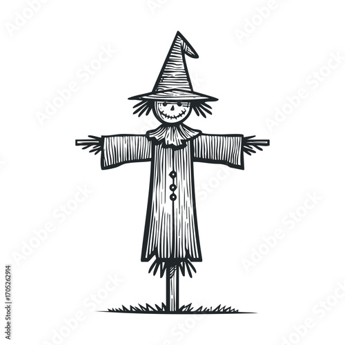 A friendly, smiling scarecrow with a tall hat and arms wide.
