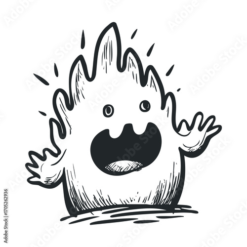 A spooky ghost with its mouth wide open, raising its arms.