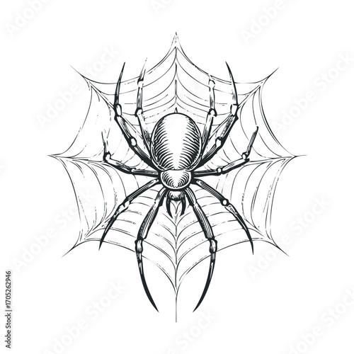 A hand-drawn spider on its web, with fine line details.