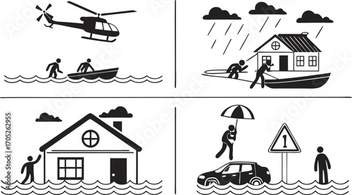 Flood Disaster Relief Icons Set – Emergency Rescue, Evacuation, Safety, Shelter Symbols