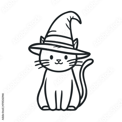 A simple line drawing of a cat wearing a pointed hat.