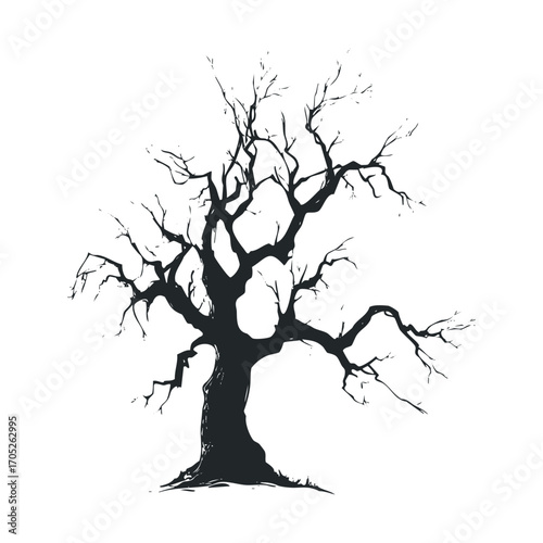 A black silhouette of a spooky, leafless tree.
